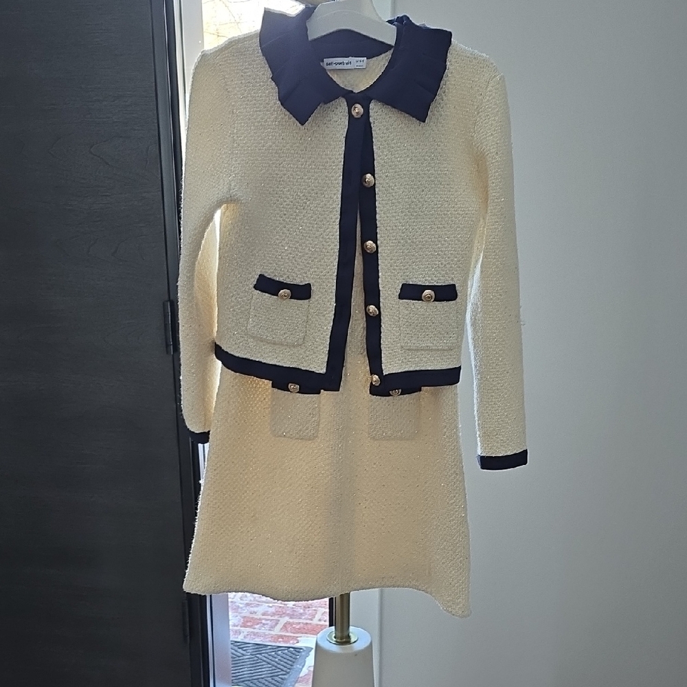 Self-Portrait Cream and Navy Cardigan with Gold Buttons